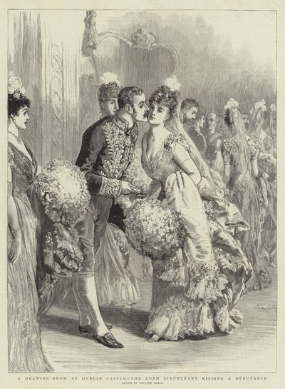 Un salón en el Castillo de Dublín, el Lord Teniente besando a una debutante de William Small